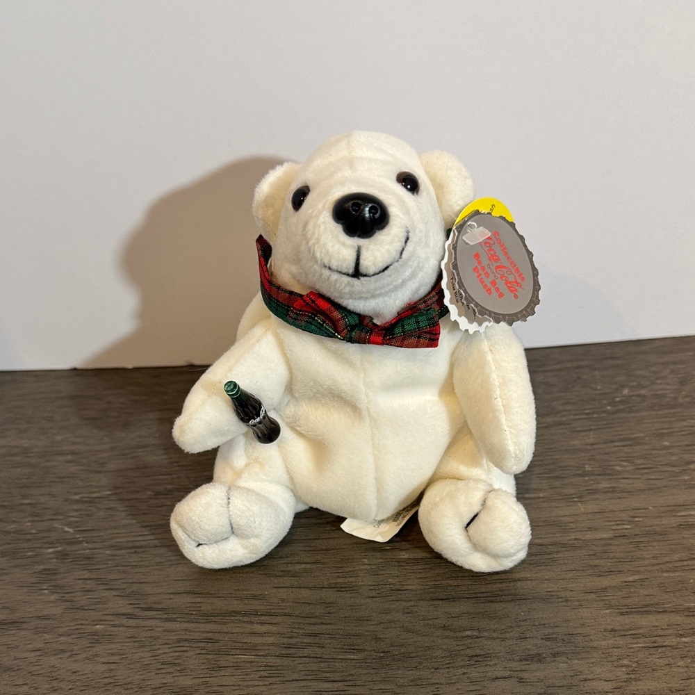 1997 Vintage Coca Cola Polar Bear Bean Bag Plush Plaid Bow Coke Beanie